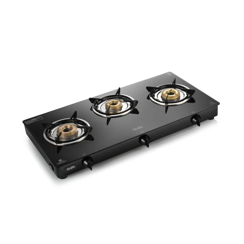 Glen 3 Burner Glass Gas Stove with Brass Burner Black