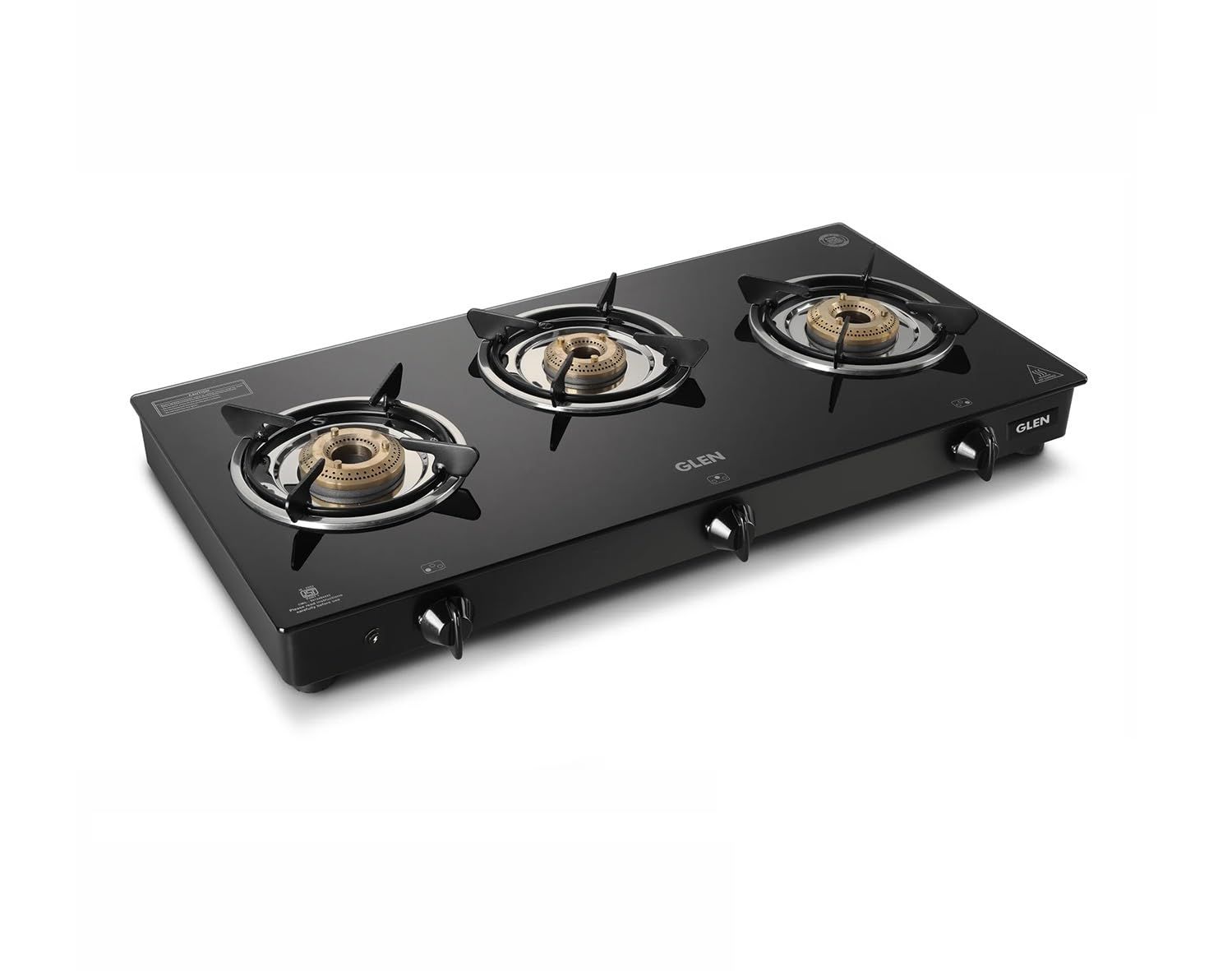 Glen 3 Burner Glass Gas Stove with Brass Burner Black Manual/Auto Ignition