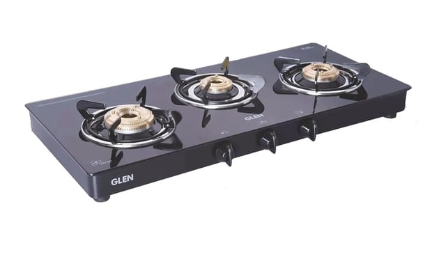Glen 3 Burner Glass Gas Stove with High Flame Brass Burner Extra Large Black Manual/Auto Ignition