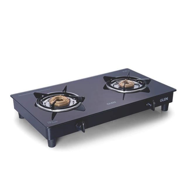 Glen 2 Burner Glass Gas Stove Extra Large with Brass Burner Black